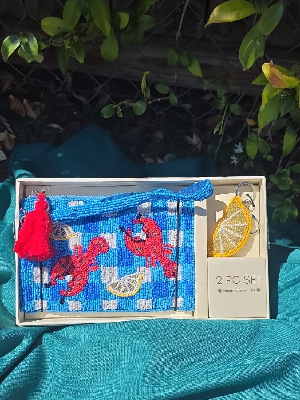 Viral Beaded Blue Lobster Wristlet with Lemon Keychain Set